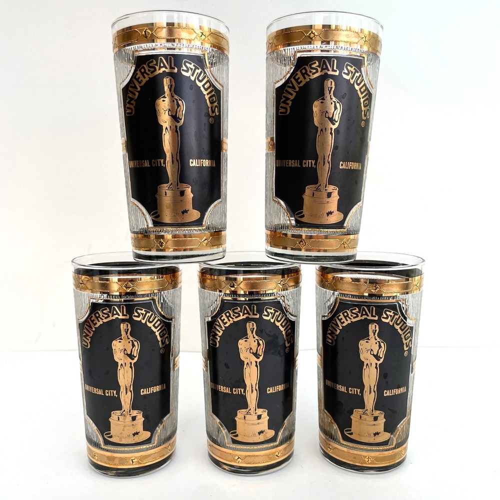 Vintage Universal Studios Hollywood Oscar Gold Foil Black highball Glasses Set 5